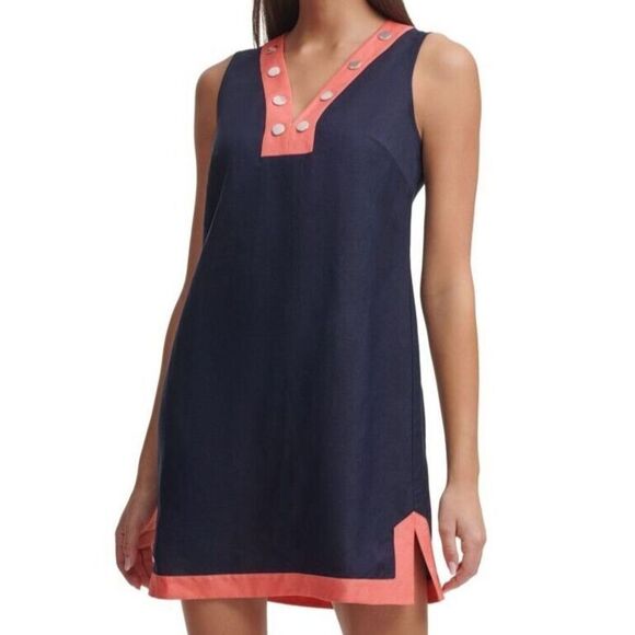 Tommy Hilfiger Petite Sz 0 (XXS) Blue/Pink Colorblocked Linen Shift Dress $109 - Picture 10 of 10